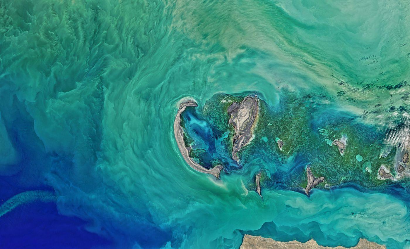 Satellite view of a long arid coastline where shelf water shades from pale green to deep blue